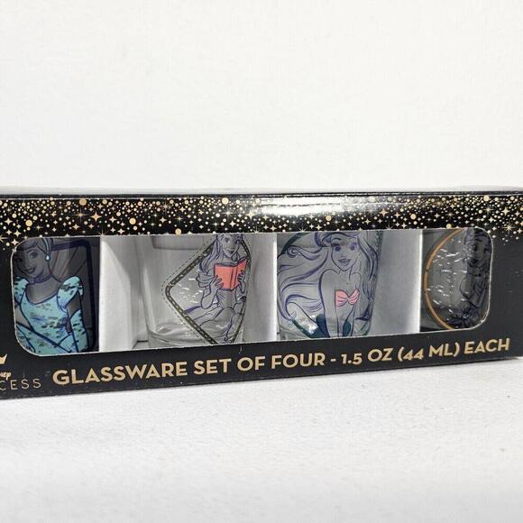 Disney Princess Glassware Set of 4 - 1.5 Oz Shot Glasses Ariel/Belle/Tiana/Cinde - Picture 1 of 4